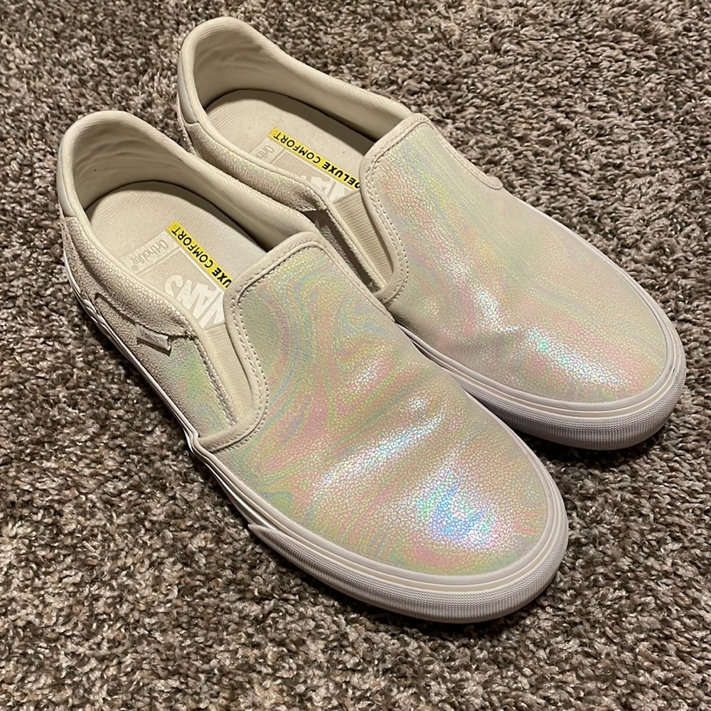 Vans Iridescent White Slip Ons - Deluxe Comfort Ortholite Size 10